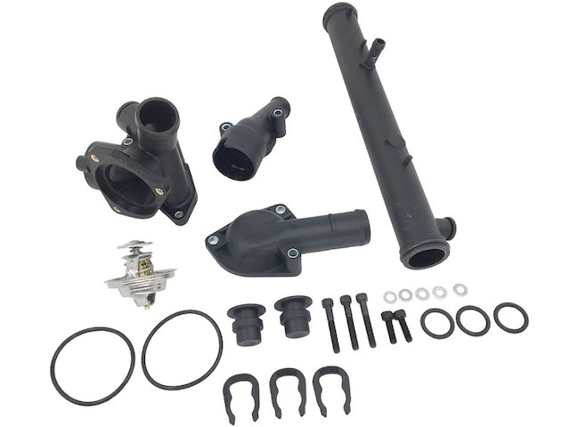 Thermostat Housing Kit - Upper and Lower Thermostat Housing, Flange, Thermostat, Coolant Pipe, O-Rings, and Hardware - 1997, 1999-2000 Volkswagen EuroVan 2.8L V6 AES (Excludes 1998) - Replacement 7421-02294929
