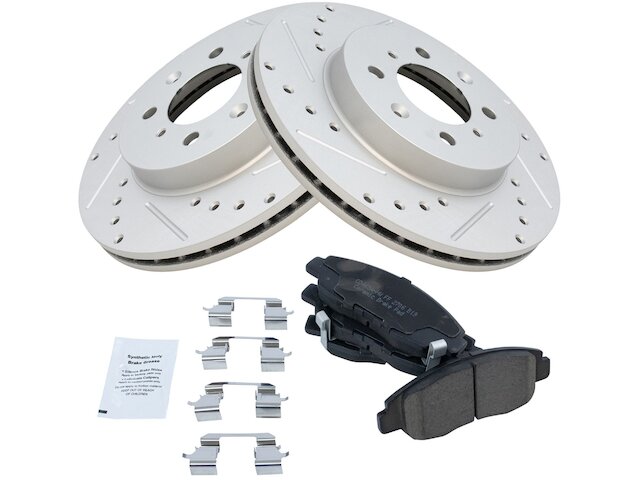 Front Ceramic Brake Pads and Cross Drilled and Slotted Rotor Kit - Performance Type - 4 Lug - 1996-2005 Honda Civic - TRQ 6008-07332389
