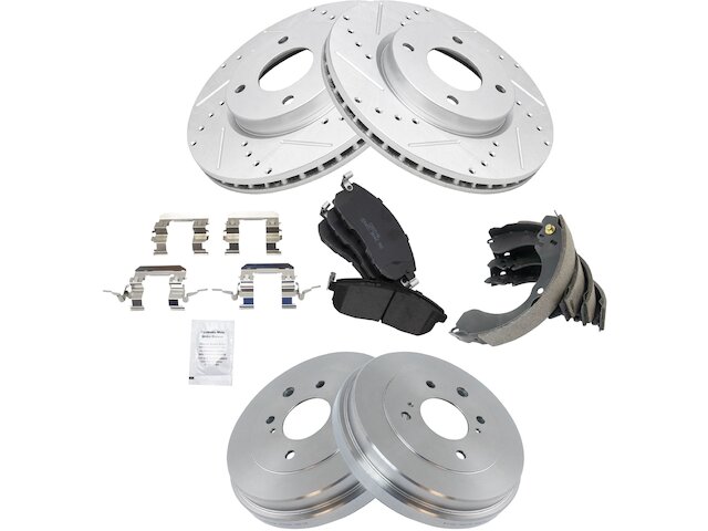 Front and Rear Ceramic Brake Pads and Cross Drilled and Slotted Rotor Shoe Drum Kit - 4 Lug - Premium G-Coated - Vented Front Rotors - 2007-2012 Nissan Sentra (with 4 Lug Wheels) - TRQ 19005-07623139