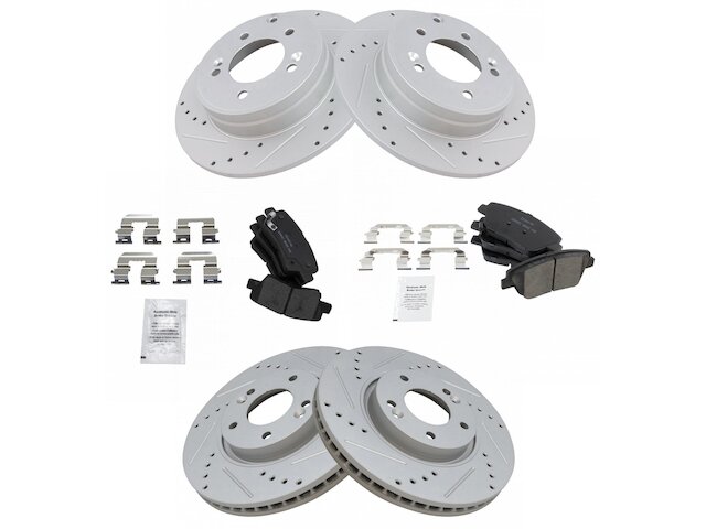 Front and Rear Ceramic Brake Pad and Cross Drilled and Slotted Rotor Kit - 2011-2015 Hyundai Sonata Hybrid - TRQ 96143-07669607
