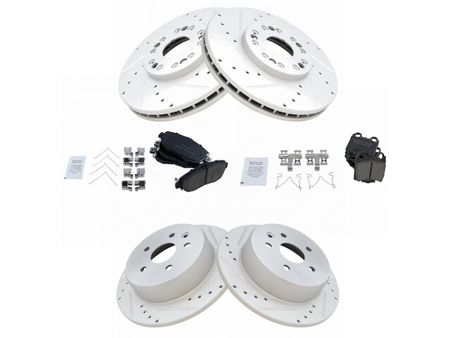 Front and Rear Ceramic Brake Pad and Cross Drilled and Slotted Rotor Kit - 5 Lug - Vented Front Rotors - Solid Rear Rotors - 2001-2005 Lexus IS300 - TRQ 7546-07702047